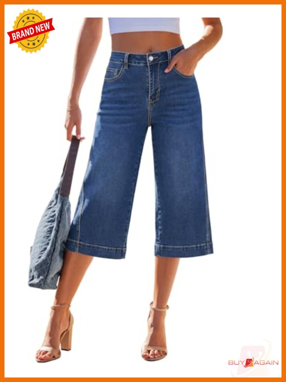 Wide Leg High Waisted Stretchy Denim Capri Jeans Side Seam